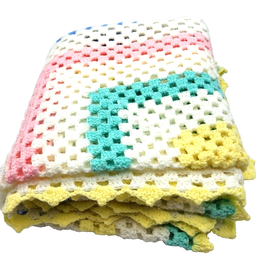 Vtg 80s Hand Crocheted Granny Square Baby Afghan Blanket Yellow Trim 42x40" YK